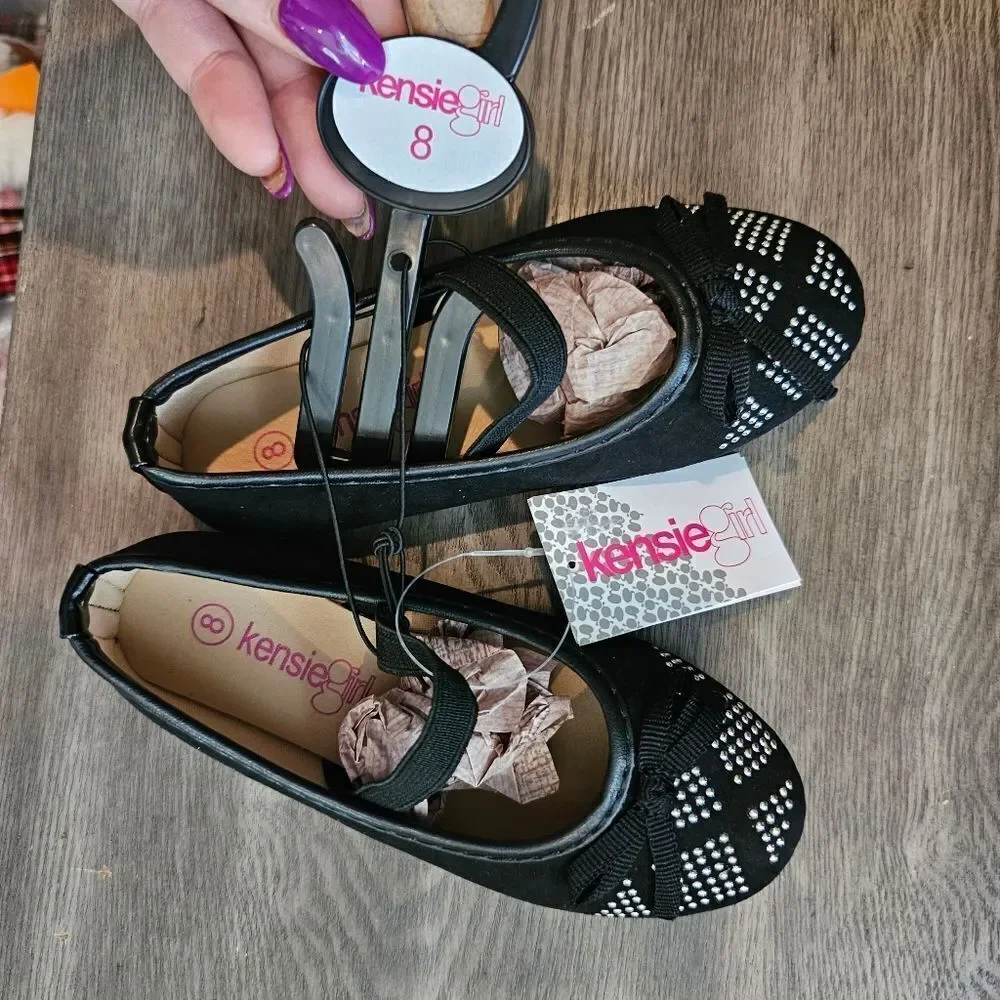 Kensie Girl | Black & Silvertone Geometric-Studded Ballet Flat - Girls,size 8